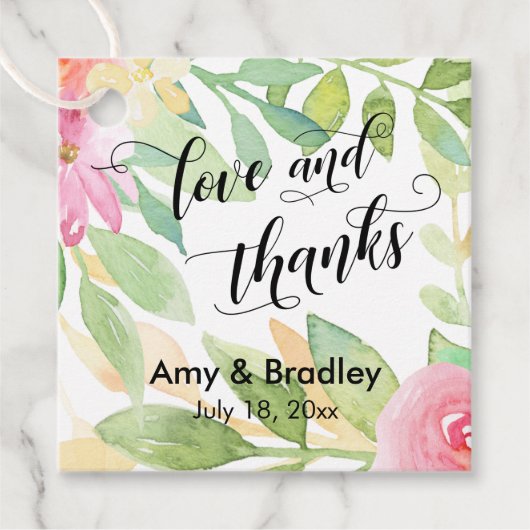 ピンクの花と書道の愛と感謝していの結婚愛 フェイバータグ (正面)