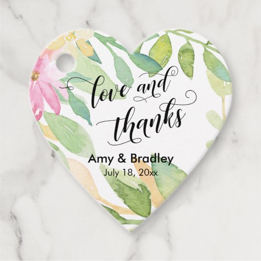 ピンクの花と書道の愛と感謝していの結婚愛 フェイバータグ (正面)