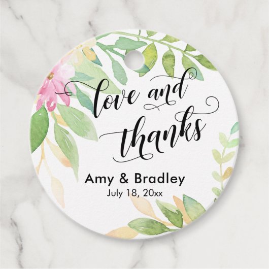 ピンクの花と書道の愛と感謝していの結婚愛 フェイバータグ (正面)