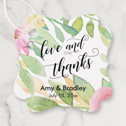 ピンクの花と書道の愛と感謝していの結婚愛 フェイバータグ (正面)