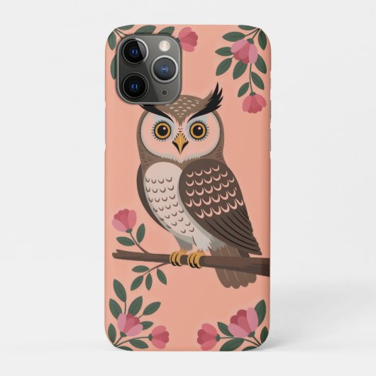 ピンクの花と枝にとまるスタイリッシュな茶色のフクロウ Case-Mate iPhoneケース (裏)
