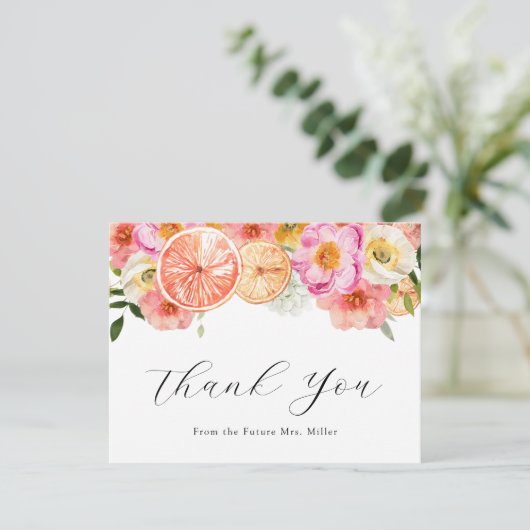 ピンクの花と柑橘の感謝を伝えるグリーティングカード サンキューカード (スタンド正面)