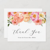 ピンクの花と柑橘類お礼ノートカード サンキューカード (正面/裏面)