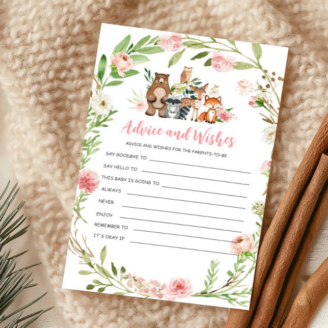 ピンクの花と森のシャワーパーティーのアドバイスと願い事ゲーム (Girl Woodland Animals Baby Shower Advice and Wishes Game)