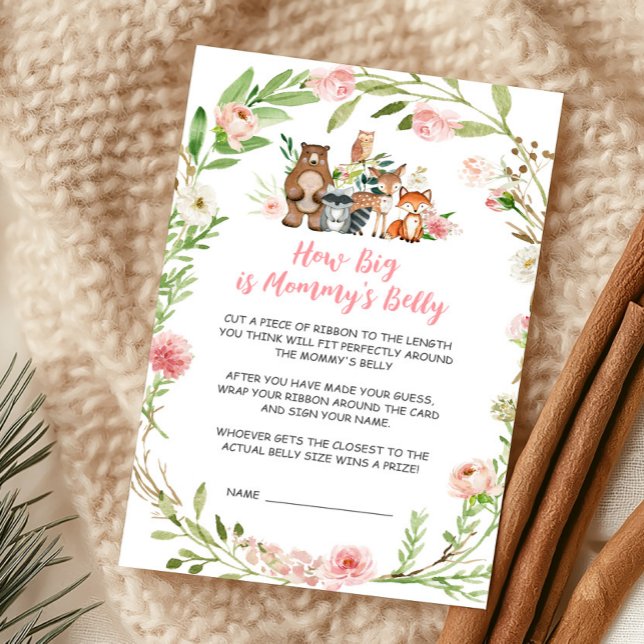 ピンクの花と森のママのお腹はどれくらいゲーム (Girl Woodland Animals Baby Shower How Big Is Mommy's Belly Game)