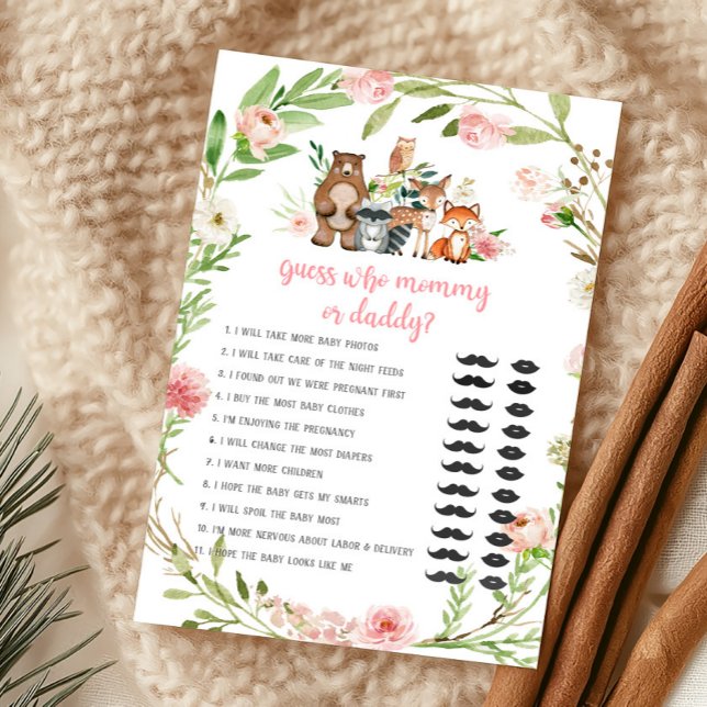 ピンクの花と森のママ・パパ当てゲーム (Girl Woodland Animals Baby Shower Guess Who Mommy or Daddy Game)