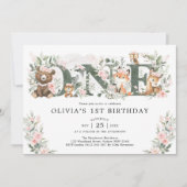 ピンクの花と森の動物の1歳女の子 招待状 (正面)