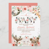 ピンクの花と森林の乙女のベビーシャワー 招待状 (正面/裏面)