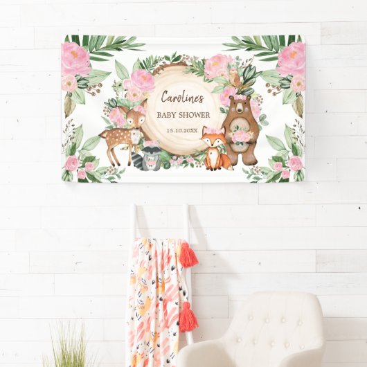 ピンクの花と森林の動物の女の子のベビーシャワー 横断幕 (インサイチュ)