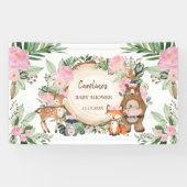 ピンクの花と森林の動物の女の子のベビーシャワー 横断幕 (横)