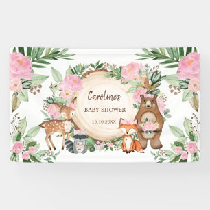 ピンクの花と森林の動物の女の子のベビーシャワー 横断幕