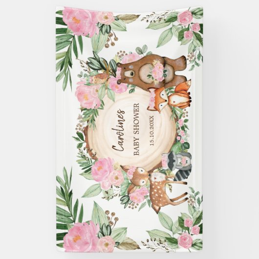 ピンクの花と森林の動物の女の子のベビーシャワー 横断幕 (縦)