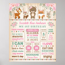 ピンクの花と森林の女の子 1歳の誕生日マイルストーン