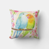 ピンクの花と水彩の愛の鳥 クッション (正面)