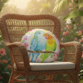 ピンクの花と水彩画のラブバード ラウンドクッション