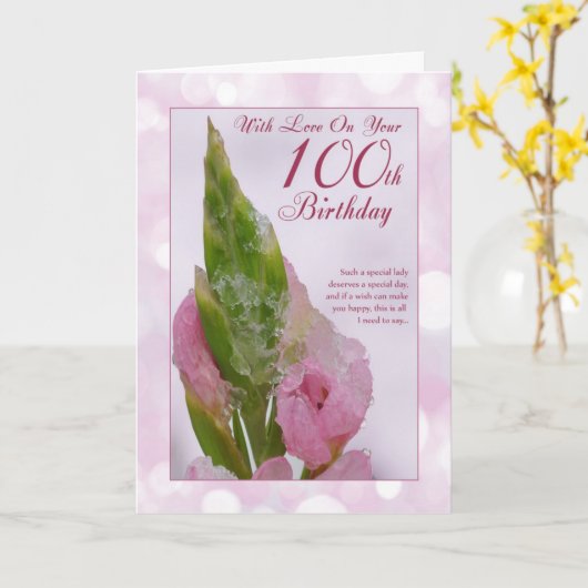 ピンクの花と氷と100誕生日カード カード (黄色い花)