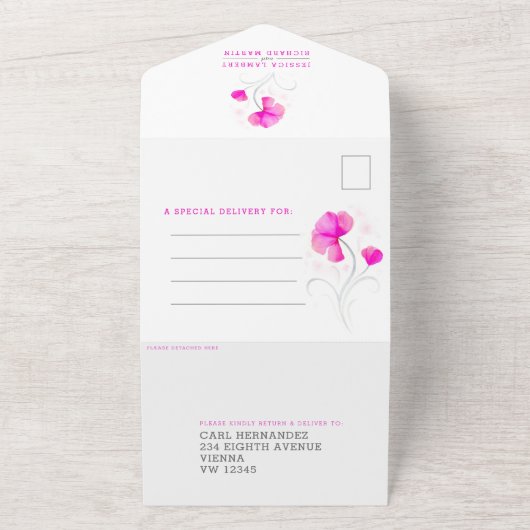 ピンクの花と灰色の渦巻きの水彩画のウェディング オールインワン招待状 (外側)