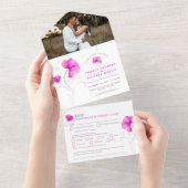 ピンクの花と灰色の渦巻きの水彩画ウェディングフォト オールインワン招待状 (貼ってはがせる)