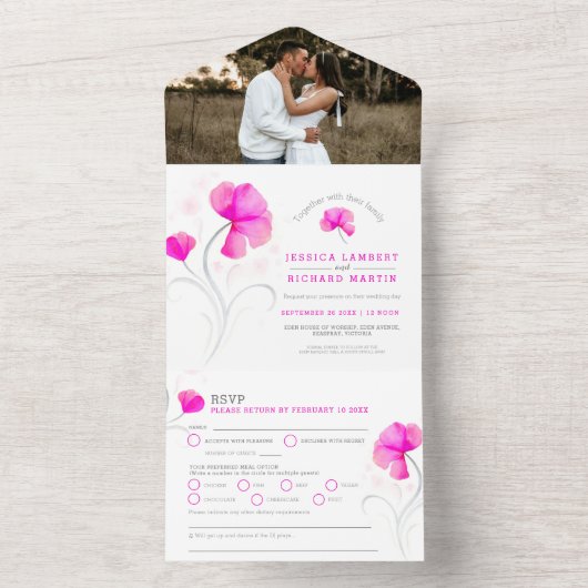 ピンクの花と灰色の渦巻きの水彩画ウェディングフォト オールインワン招待状 (内側)