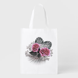 ピンクの花と熱帯葉の花 エコバッグ