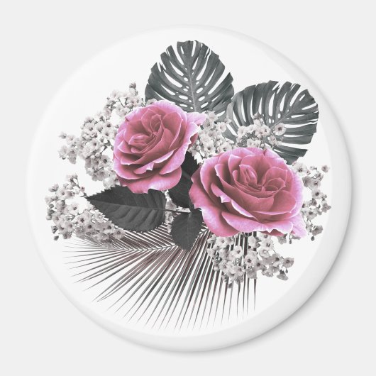 ピンクの花と熱帯葉の花 マグネット (正面)