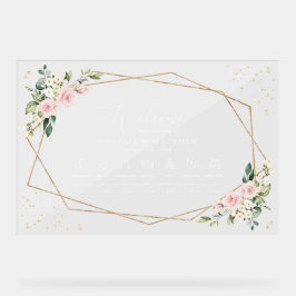 ピンクの花と白い花の結婚式タイムライン アクリルサイン