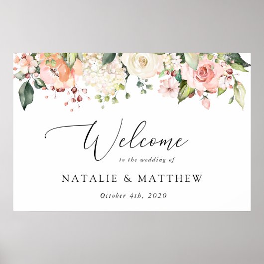 ピンクの花と白の花ボホ結婚の歓迎 ポスター (正面)
