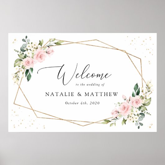 ピンクの花と白の花ボホ結婚の歓迎 ポスター (正面)