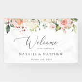 ピンクの花と白の花ボホ結婚の歓迎 横断幕 (横)