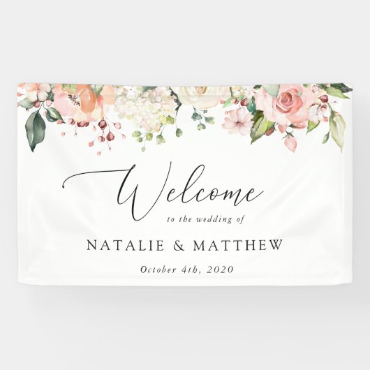 ピンクの花と白の花ボホ結婚の歓迎 横断幕 (横)