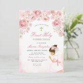 ピンクの花と祈る少女のイラスト ゴールドの十字架 招待状 (スタンド正面)