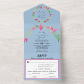 ピンクの花と緑と淡い青のエレガントな結婚式の返信カード オールインワン招待状 (内側)