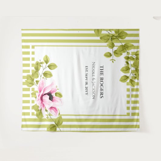 ピンクの花と緑のストライプの写真用背景 ウェディング タペストリー (正面(横))