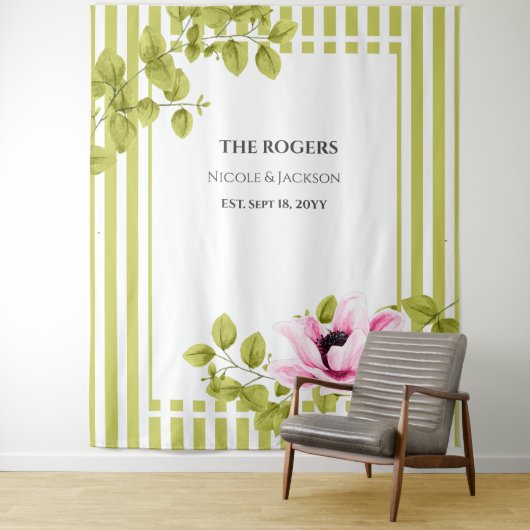 ピンクの花と緑のストライプの写真用背景 ウェディング タペストリー (インサイチュ)