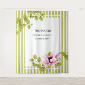 ピンクの花と緑のストライプの写真用背景 ウェディング タペストリー (正面)