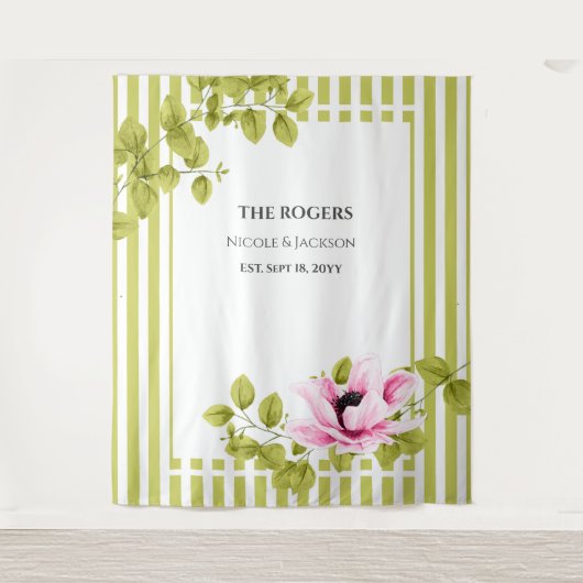 ピンクの花と緑のストライプの写真用背景 ウェディング タペストリー (正面)
