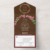 ピンクの花と緑のモダンな茶色のエレガントな結婚式の招待状の返信 オールインワン招待状 (内側)