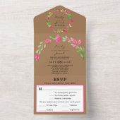 ピンクの花と緑のライトブラウンのシックな結婚式の出欠確認 オールインワン招待状 (内側)