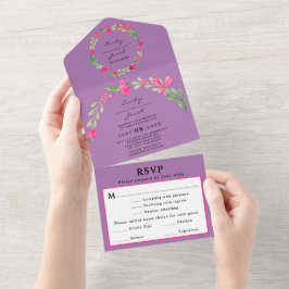 ピンクの花と緑のラベンダー パープル シックなウェディング RSVP オールインワン招待状