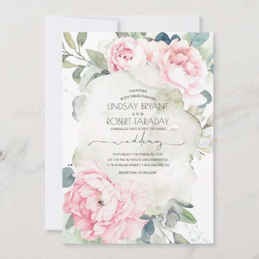 ピンクの花と緑のヴィンテージエレガントの結婚式 招待状 (正面)
