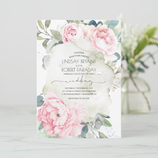 ピンクの花と緑のヴィンテージエレガントの結婚式 招待状 (スタンド正面)
