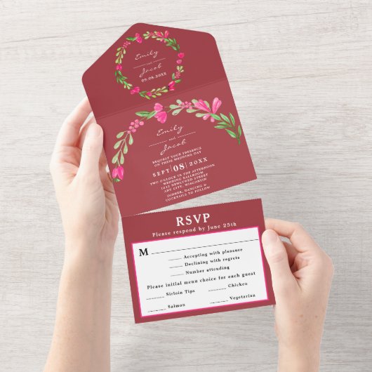 ピンクの花と緑の埃っぽい赤エレガントウェディングRSVP オールインワン招待状 (貼ってはがせる)