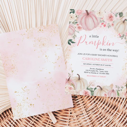 ピンクの花と緑の小さなかぼちゃ 招待状