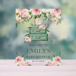 ピンクの花と緑の歓迎 - アドベンチャー ベイビー シャワー アクリルサイン