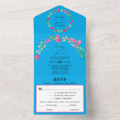 ピンクの花と緑の空の青のエレガントな結婚式の出欠確認 オールインワン招待状 (内側)