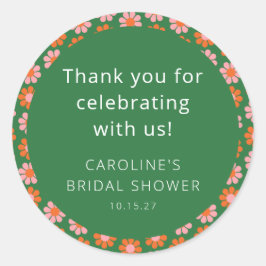 ピンクの花と緑の背景のウェディングシャワー カスタム サンクスステッカー ラウンドシール