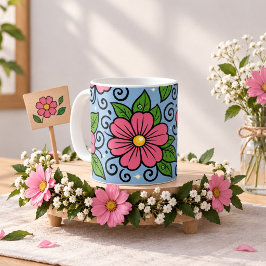 ピンクの花と緑の葉と曲線のデザイン コーヒーマグカップ