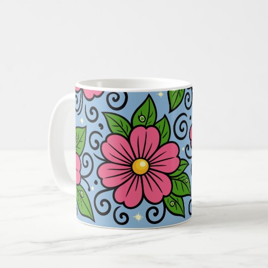 ピンクの花と緑の葉と曲線のデザイン コーヒーマグカップ (正面左)
