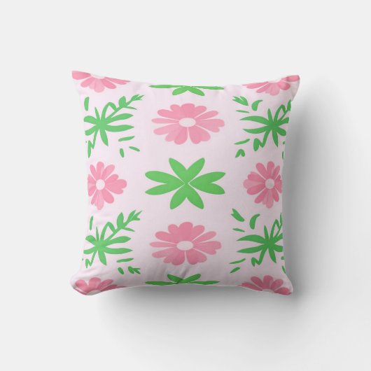 ピンクの花と緑の葉のシームレスパターン クッション (正面)