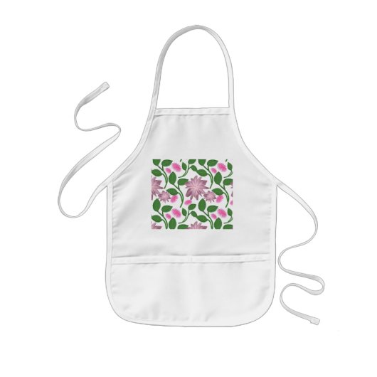 ピンクの花と緑の葉のフラワーパターン 子供用エプロン (正面)